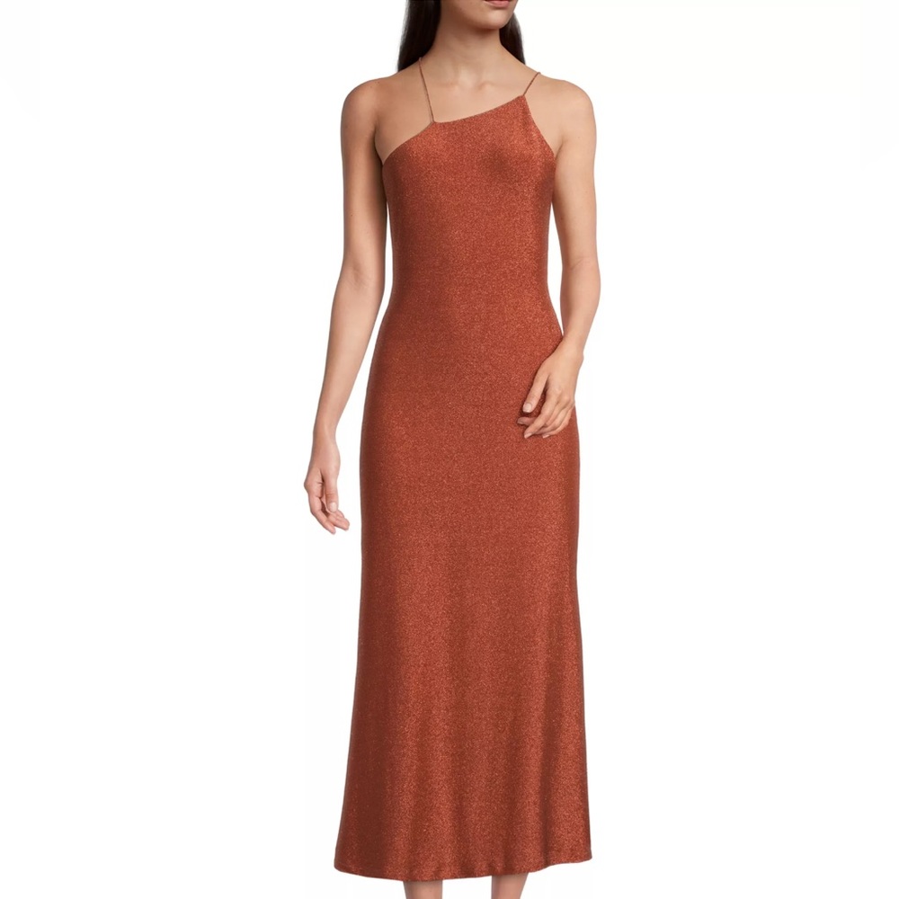 Misha Collection Maple Metallic Asymmetric Midi Dress in Golden Spice NWT Size 8